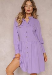 Fioletowa Sukienka Mini z Kołnierzem i Ozdobnymi Klapami Zylana. Fioletowe sukienki damskie Renee, na co dzień, bez wzorów, eleganckie, bez kołnierzyka, bez ramiączek, mini, koszulowe. Za 89.99 zł.