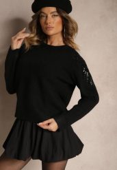 Czarny Sweter z Wełną Ozdobiony Cekinami Gebilae. Czarne swetry nierozpinane damskie Renee, bez wzorów, z jeansu, casualowe, bez kołnierzyka, bez ramiączek. Za 99.99 zł.