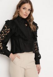 Czarna Koszula Ażurowa ze Stójką w Stylu Retro Radinca. Czarne koszule damskie Born2be, m, w ażurowe wzory, z jeansu, eleganckie, bez kołnierzyka, bez ramiączek. Za 149.99 zł.