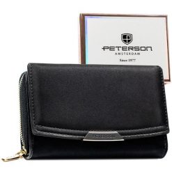 Portfel damski ze skóry ekologicznej w czarnym kolorze wyposażony w system RFID - Peterson. Czarne portfele damskie Peterson, ze skóry ekologicznej. Za 94.99 zł.