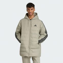 Parka z kapturem Essentials CLIMAWARM 3-Stripes Light Down. Szare parki męskie Adidas, bez wzorów, bez kołnierzyka, z kapturem. Za 649.00 zł.