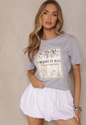 Jasnoszary T-shirt z Bawełny z Nadrukiem Tellanis. Szare t-shirty damskie Renee, m, bez wzorów, z bawełny, klasyczne, bez kołnierzyka, bez ramiączek. Za 39.99 zł.