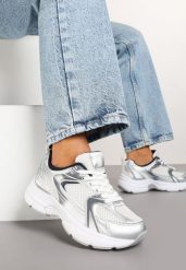 Biało-Srebrne Sneakersy na Grubej Podeszwie z Cholewką z Siateczką Zollexia. Białe obuwie sportowe damskie Renee, na lato, bez wzorów, z jeansu, bez zapięcia. Za 89.99 zł.