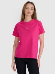 4F T-shirt oversize z nadrukiem damski - różowy M. Czerwone t-shirty damskie 4F, l, bez wzorów, z bawełny, klasyczne, bez kołnierzyka, bez ramiączek. W wyprzedaży za 49.99 zł.