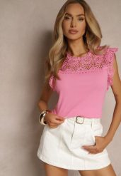 Fuksjowa Bluzka z Bawełny Zdobiona Koronką przy Dekolcie Fevamire. Czerwone bluzki damskie Renee, m, z aplikacjami, z bawełny, eleganckie, bez kołnierzyka, bez ramiączek. Za 39.99 zł.