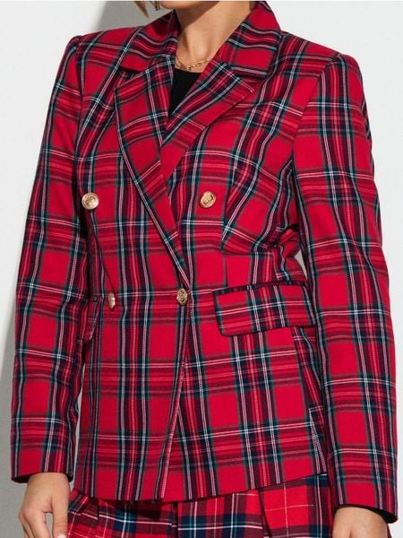 Żakiet w kratę z ozdobnymi guzikami - wielobarwny. Marynarki i żakiety damskie Sinsay, bez wzorów, bez kołnierzyka, bez ramiączek. Za 79.99 zł.
