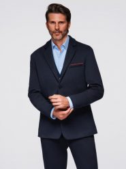 Dzianinowa marynarka męska o dopasowany kroju - granatowa V3. Niebieskie marynarki męskie Ombre Clothing, m, bez wzorów, z dzianiny, biznesowe, bez kołnierzyka, bez ramiączek. W wyprzedaży za 314.99 zł.