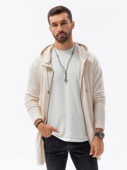 Długa bluza męska rozpinana z kapturem - kremowa V1. Białe bluzy męskie Ombre Clothing, m, bez wzorów, z bawełny, z kapturem. W wyprzedaży za 49.99 zł.