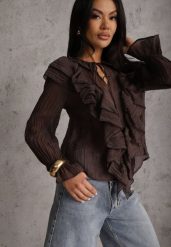 Brązowa Bluzka z Lyocellem w Stylu Boho z Wiązaniem pod Szyją i Falbanami Tasimi. Brązowe bluzki damskie Renee, l, bez wzorów, z jeansu, boho, bez kołnierzyka, bez ramiączek. Za 89.99 zł.