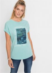 T-shirt z miękkiego materiału z domieszką wiskozy. Niebieskie t-shirty damskie bonprix, bez wzorów, z wiskozy, bez kołnierzyka, bez ramiączek. Za 52.99 zł.