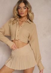 Beżowa Casualowa Krótka Koszula Zapinana na Guziki Tiamavona. Brązowe koszule damskie Renee, l, bez wzorów, bez kołnierzyka, bez ramiączek. Za 64.99 zł.