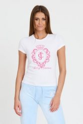 JUICY COUTURE Biały t-shirt Heritage Crest Fitted. Białe t-shirty damskie Juicy Couture, s, bez wzorów, bez kołnierzyka, bez ramiączek. W wyprzedaży za 106.99 zł.
