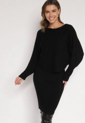 Czarny Dzianinowy Komplet Prążkowany Sukienka i Sweter o Kroju Nietoperz Wederela. Czarne swetry nierozpinane damskie Born2be, m, bez wzorów, z dzianiny, eleganckie, bez kołnierzyka, bez ramiączek. Za 139.99 zł.