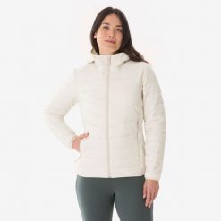 Ciepła turystyczna kurtka puchowa damska -10°C, MH500 beżowa. Brązowe kurtki sportowe damskie QUECHUA, m, bez wzorów, z materiału, bez ramiączek, z kapturem, tenisowe. Za 199.99 zł.