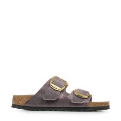 Damskie sandały duże klamry Arizona Big Buckle. Fioletowe sandały damskie Birkenstock, bez wzorów, z materiału, bez obcasa, bez zapięcia. Za 950.00 zł.