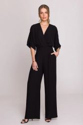 Elegancki kombinezon damski z kopertowym dekoltem czarny. Czarne sukienki damskie Stylove, do pracy, l, bez wzorów, z poliesteru, biznesowe, bez kołnierzyka, bez ramiączek, mini, dopasowane. Za 449.00 zł.