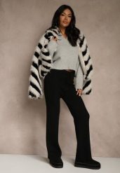 Czarne Szerokie Spodnie z Wełną High Waist z Prążkowanego Materiału Reinna. Czarne spodnie materiałowe damskie Renee, bez wzorów, z jeansu, casualowe, z podwyższonym stanem. Za 69.99 zł.