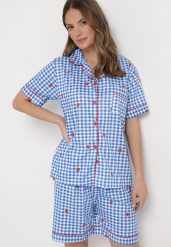 Niebiesko-Biały Komplet Piżamowy w Kratkę Koszula i Luźne Szorty Elitra. Niebieskie piżamy damskie Born2be, bez wzorów, bez ramiączek. Za 49.99 zł.