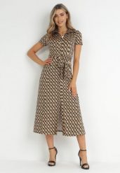 Ciemnobeżowa Sukienka Alethanthei. Brązowe sukienki damskie Born2be, na co dzień, l, bez wzorów, z materiału, eleganckie, bez kołnierzyka, bez ramiączek, midi, szmizjerki. Za 159.99 zł.