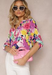 Różowa Wiskozowa Bluzka z Guzikami Przy Dekolcie w Kwiaty Kleddia. Czerwone bluzki damskie Renee, xl, bez wzorów, z wiskozy, bez kołnierzyka, bez ramiączek. Za 69.99 zł.