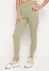 Zielone Legginsy z Wysokim Stanem i Gumką w Pasie Bloelia. Zielone legginsy damskie Born2be, bez wzorów, z jeansu. Za 29.99 zł.