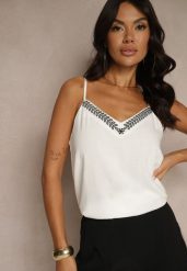 Biały Wiskozowy Top na Ramiączkach z Lnem Zdobiony Haftem Zireia. Białe topy damskie Renee, m, z aplikacjami, z jeansu, eleganckie, bez kołnierzyka, bez ramiączek. Za 69.99 zł.