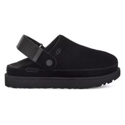 UGG Goldenstar Clog Klapki damskie. Czarne klapki damskie UGG, bez wzorów, z mikrofibry, biznesowe, bez obcasa, na platformie, bez zapięcia. Za 589.99 zł.