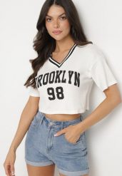 Biały Bawełniany T-shirt z Napisem Nitanelia. Białe t-shirty damskie Born2be, m, bez wzorów, z bawełny, bez kołnierzyka, bez ramiączek. Za 29.99 zł.