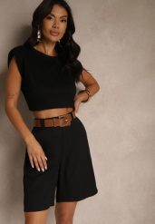 Czarne Szorty z Wiskozą w Eleganckim Stylu z Paskiem z Klamrą Aravene. Czarne szorty damskie Renee, bez wzorów, z materiału, eleganckie, z podwyższonym stanem. Za 89.99 zł.