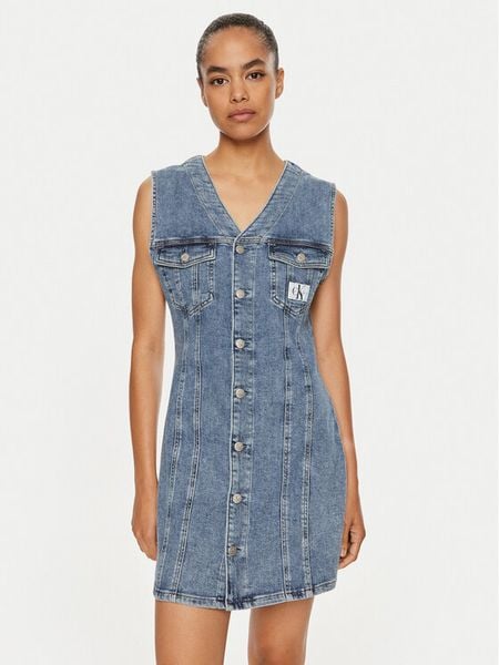 Calvin Klein Jeans Sukienka jeansowa J20J223712 Niebieski Slim Fit. Niebieskie sukienki damskie Calvin Klein Jeans, xs, bez wzorów, z bawełny, bez kołnierzyka, bez ramiączek. Za 359.99 zł.