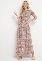 Różowa Sukienka Hiszpanka Długa z Bawełny w Kwiatowy Print Mrosa. Czerwone sukienki damskie Born2be, na imprezę, na lato, l, bez wzorów, z bawełny, boho, bez kołnierzyka, bez ramiączek, maxi, kopertowe. Za 44.99 zł.