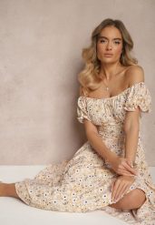 Żółta Rozkloszowana Sukienka w Kwiatowy Print z Bawełną i Dekoltem Łódką z Bufkami Saniren. Żółte sukienki damskie Renee, l, bez wzorów, z bawełny, eleganckie, bez kołnierzyka, bez ramiączek, midi, rozkloszowane. Za 49.99 zł.