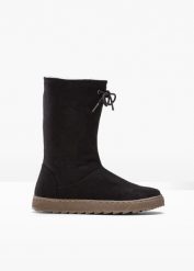 Kozaki zimowe. Czarne kozaki damskie bonprix, na zimę, bez wzorów, bez obcasa, bez zapięcia. Za 147.99 zł.