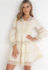 Beżowa Sukienka Mini z Koronkowymi Wstawkami i Rozkloszowanym Dołem Femona. Brązowe sukienki damskie Born2be, na co dzień, m, bez wzorów, z koronki, bez kołnierzyka, bez ramiączek, mini, proste. Za 219.99 zł.