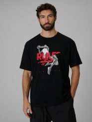 4F T-shirt loose z nadrukiem męski - czarny S. Czarne t-shirty męskie 4F, m, bez wzorów, z bawełny, bez kołnierzyka, bez ramiączek. Za 69.99 zł.