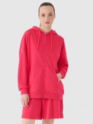 4F Bluza dresowa rozpinana z kapturem damska - różowa L. Czerwone bluzy damskie 4F, l, bez wzorów, z bawełny, klasyczne, bez ramiączek, z kapturem. W wyprzedaży za 119.99 zł.