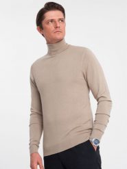 Dzianinowy męski dopasowany golf z wiskozą - beżowy V5 OM-SWTN-0101 - XXL. Brązowe swetry męskie Ombre Clothing, m, bez wzorów, z dzianiny, bez kołnierzyka, bez ramiączek. W wyprzedaży za 79.99 zł.