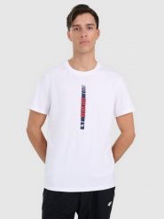 4F T-shirt regular z nadrukiem męski - biały M. Białe t-shirty męskie 4F, m, bez wzorów, z bawełny, bez kołnierzyka, bez ramiączek. W wyprzedaży za 49.99 zł.