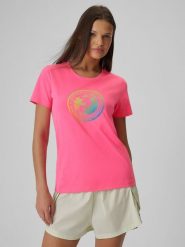 4F T-shirt regular z nadrukiem damski - różowy XL. Czerwone t-shirty damskie 4F, xl, bez wzorów, z bawełny, klasyczne, bez kołnierzyka, bez ramiączek. Za 59.99 zł.