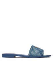 Guess Klapki FLJELS DEN03 Niebieski. Niebieskie klapki damskie Guess, z aplikacjami, z materiału, bez obcasa, bez zapięcia. Za 162.99 zł.