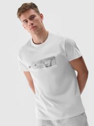 4F T-shirt z nadrukiem regular męski - biały XXL. Białe t-shirty męskie 4F, m, bez wzorów, z dzianiny, bez kołnierzyka, bez ramiączek. W wyprzedaży za 39.99 zł.
