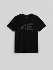 4F T-shirt regular z nadrukiem męski - czarny XL. Czarne t-shirty męskie 4F, m, bez wzorów, z bawełny, bez kołnierzyka, bez ramiączek. Za 69.99 zł.