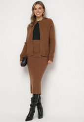 Brązowy Komplet Kardigan na Suwak i Spódnica z Gumką w Pasie Ciarose. Brązowe kardigany damskie Born2be, m, bez wzorów, eleganckie, bez kołnierzyka. Za 119.99 zł.