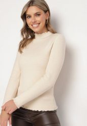 Beżowy Sweter z Wełną i Ozdobną Falbanką przy Dekolcie Seanoria. Brązowe swetry nierozpinane damskie Born2be, l, z aplikacjami, z jeansu, eleganckie, bez kołnierzyka, bez ramiączek. Za 84.99 zł.