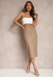 Ciemnobeżowa Spódnica z Ekoskóry High Waist z Rozcięciem i Napami z Przodu Asttia. Brązowe spódnice damskie Renee, na co dzień, na zimę, s, bez wzorów, z bawełny, z podwyższonym stanem, midi, dopasowane. Za 49.99 zł.