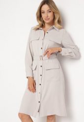 Beżowa Sukienka Koszulowa z Kieszeniami w Stylu Utility Naiatema. Brązowe sukienki damskie Born2be, na co dzień, l, bez wzorów, klasyczne, bez kołnierzyka, bez ramiączek, midi, koszulowe. Za 169.99 zł.
