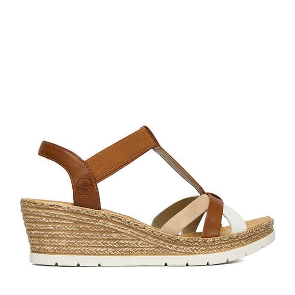 Sandały Rieker. Brązowe sandały damskie Rieker, bez wzorów, bez obcasa, na koturnie, bez zapięcia. Za 299.99 zł.