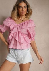 Różowa Bluzka z Falbankami i Bufiastymi Rękawami Aliviera. Czerwone bluzki damskie Renee, bez wzorów, z jeansu, eleganckie, bez kołnierzyka, bez ramiączek. Za 74.99 zł.