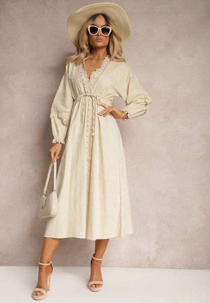 Beżowa Sukienka z Bawełny z Gumką w Talii i Koronkowymi Wstawkami z Materiałowym Paskiem Larila. Brązowe sukienki damskie Renee, na co dzień, l, bez wzorów, z bawełny, bez kołnierzyka, bez ramiączek, maxi, proste. Za 239.99 zł.