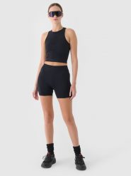 4F Legginsy krótkie treningowe damskie - czarne XS/S. Czarne legginsy damskie 4F, s, bez wzorów, z dzianiny, z podwyższonym stanem, krótkie, na fitness i siłownię. W wyprzedaży za 39.99 zł.